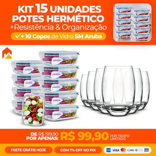 Kit com 15 Potes Herméticos de Vidro + 10 Copos de Vidro Aruba de Brinde .