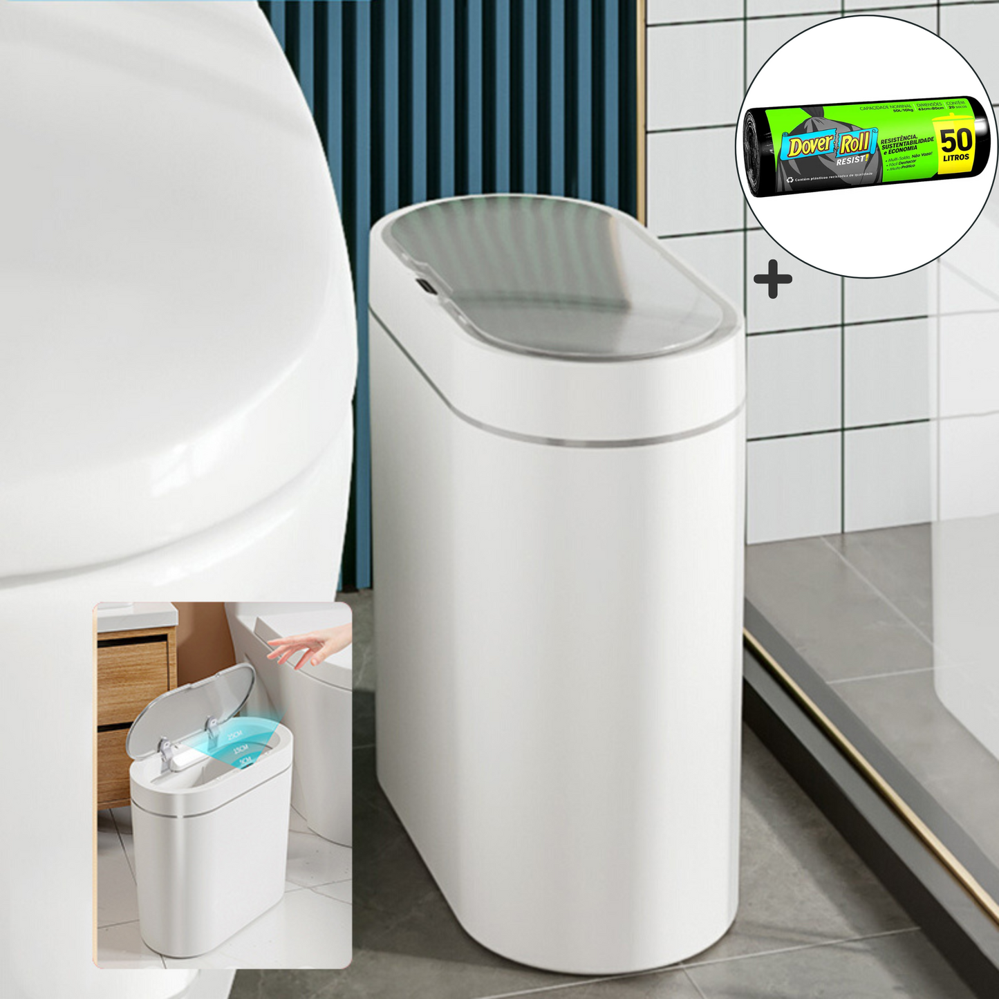 Lixeira Inteligente automática 7 Litros + Brinde (Saco de Lixo Banheiro Dover Roll, 50 litros)