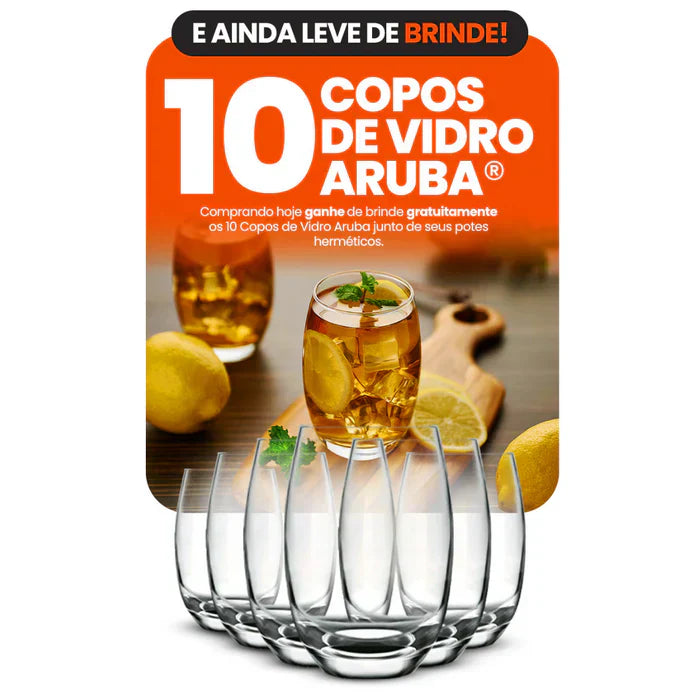 Kit com 15 Potes Herméticos de Vidro + 10 Copos de Vidro Aruba de Brinde .